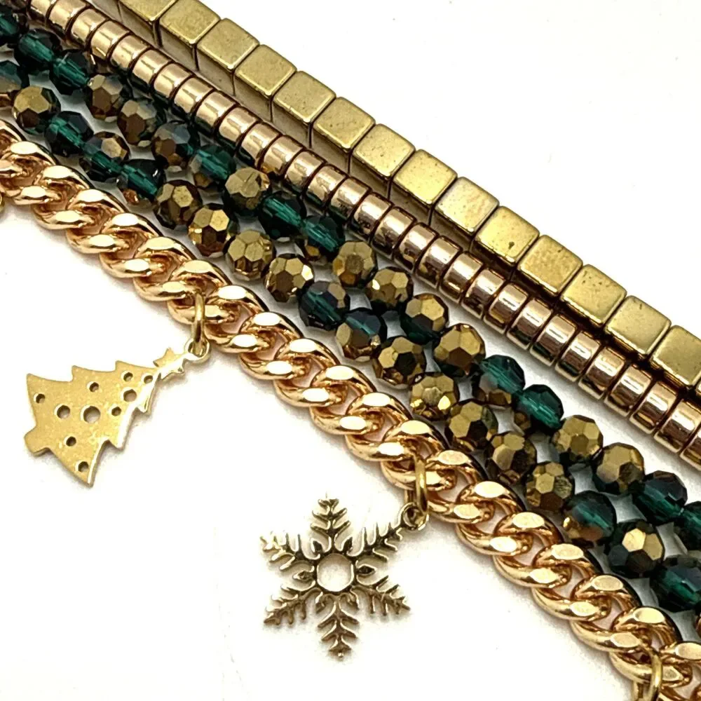Victoria Emerson Multi Strand Bracelet Green Bead Christmas Tree Star Charms 7.5